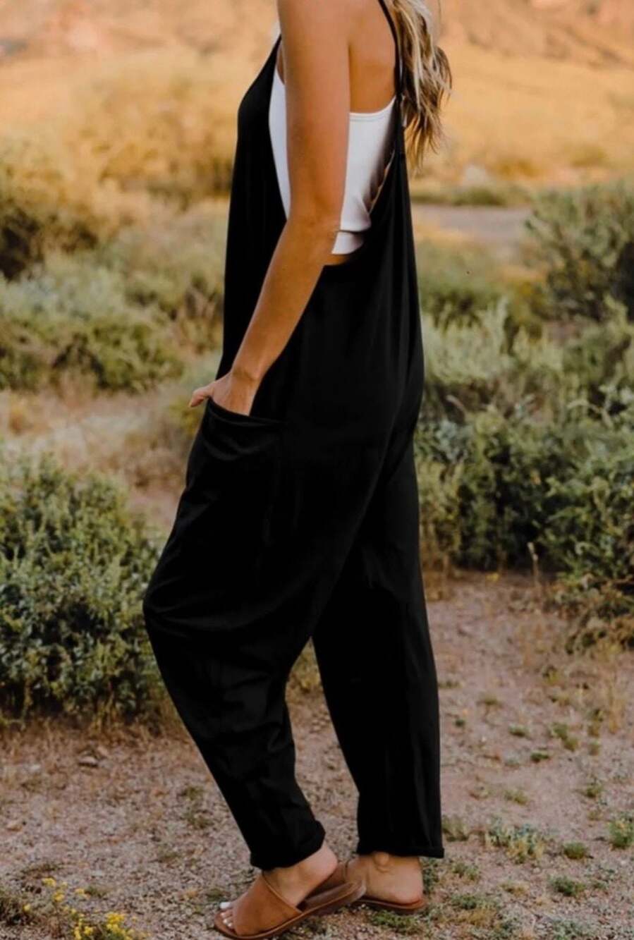 Double Take Black V-Neck Sleeveless Harem Jumpsuit with Pockets - Picture 3 of 4